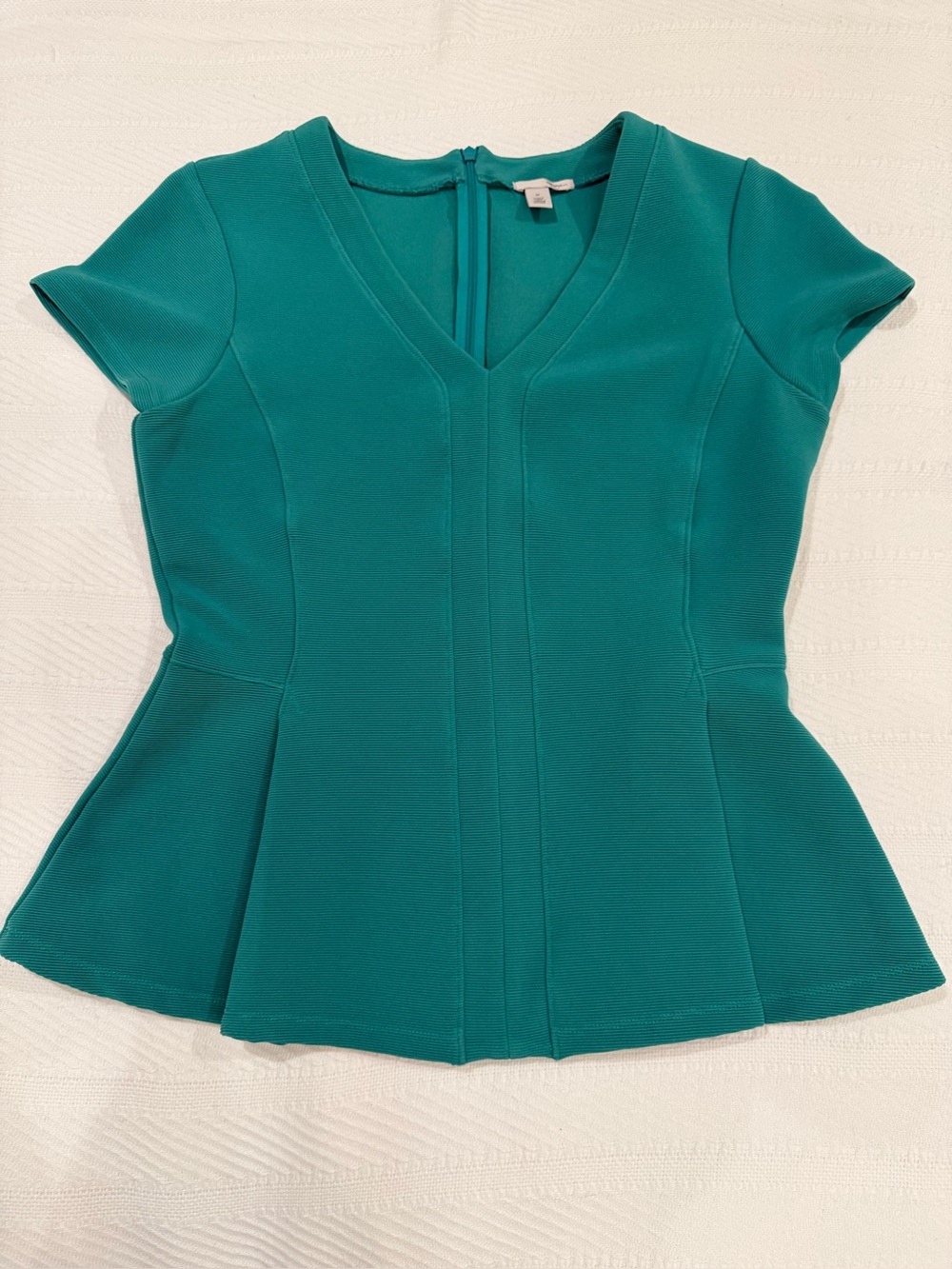 Halogen Jade Green Peplum Top | Textured Short Sleeve V-Neck Blouse | Size M - Picture 2 of 8